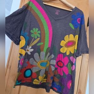 Natural Life Vibrant Floral Rainbow V Neck 100% Cotton One Size Top